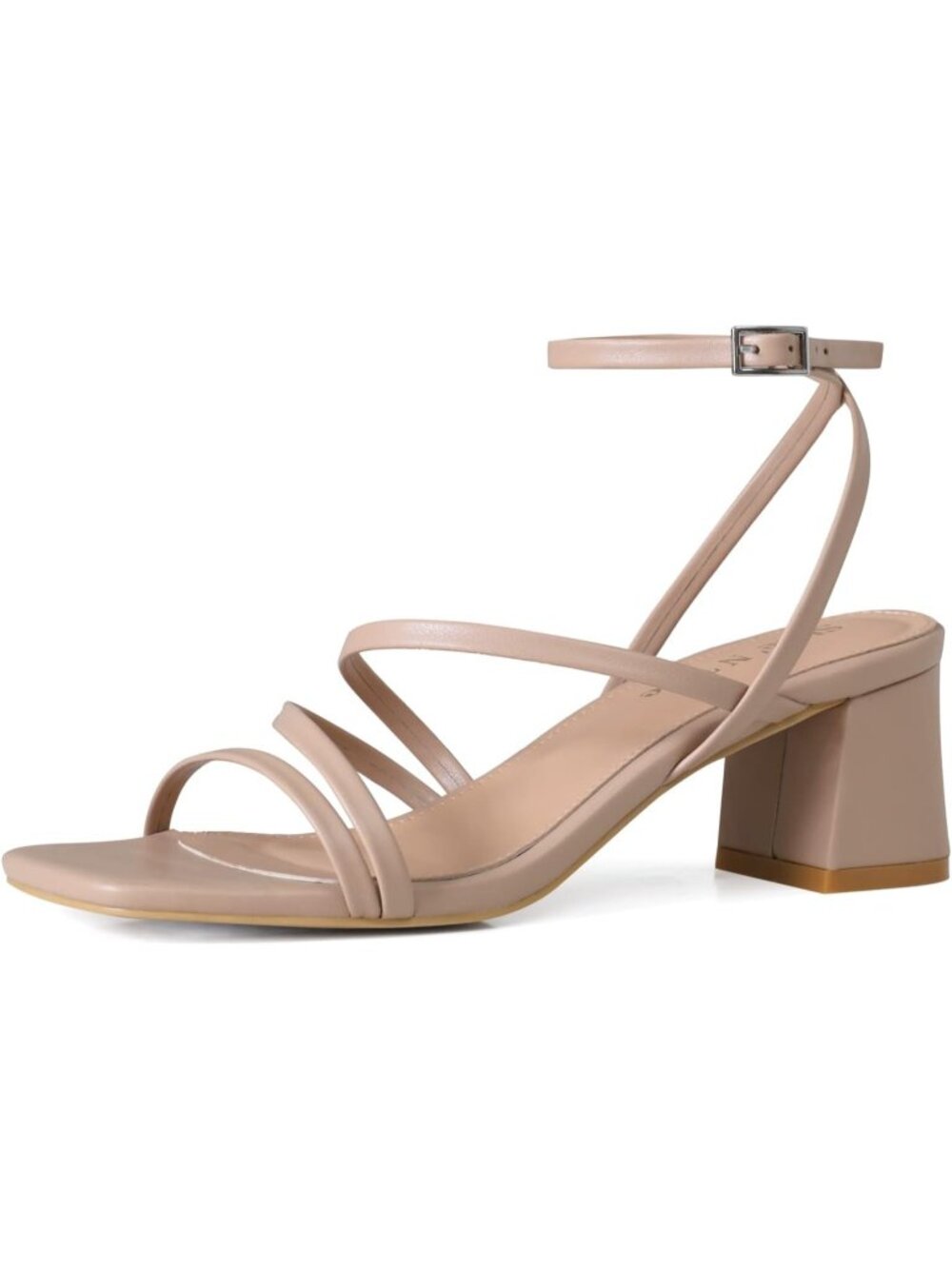 Women's Nude Buckle Ankle Strap Square Open Toe Block Low Chunky Heeled Sandals